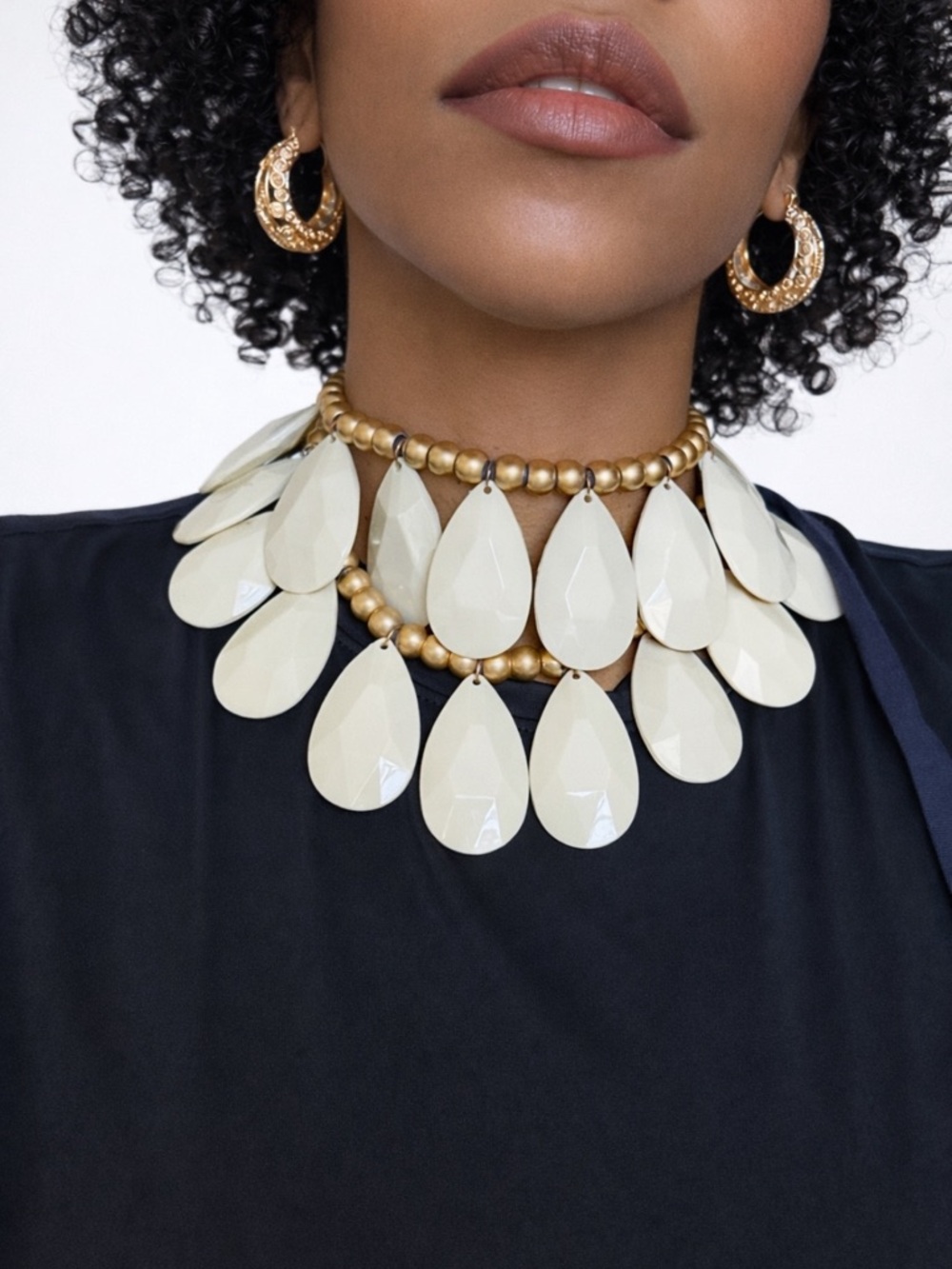 Gold Bead Choker Necklace with Cream Teardrop Pendants